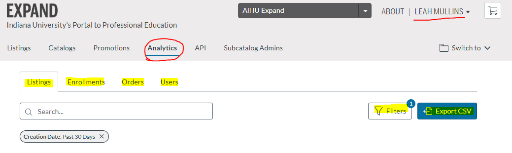 view of the top of the IU Expand page, with the Analytics tab circled